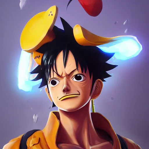 Image similar to Portrait painting Luffy as an Overwatch character, medium shot, asymmetrical, profile picture, Organic Painting, sunny day, Matte Painting, bold shapes, hard edges, street art, trending on artstation, by Huang Guangjian and Gil Elvgren and Sachin Teng