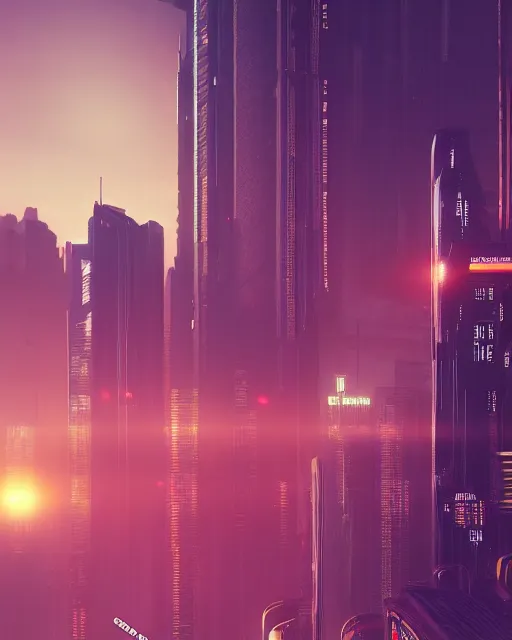 Image similar to a skyline at sunrise, cyberpunk style, digital painting, concept art, smooth, sharp focus, hyperrealistic, illustration, artstation trending, octane render, unreal engine, ambient light, dynamic lighting, magical, dark vibes, Cyberpunk 2077