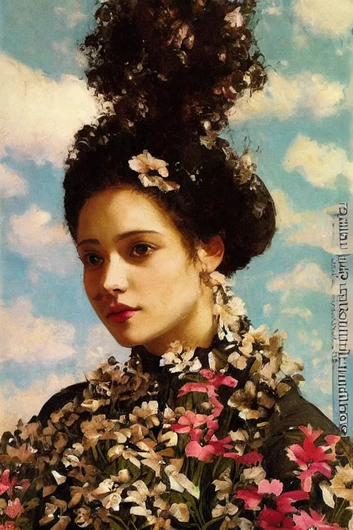 Image similar to close - up fashion black woman portrait airy flowers clouds art by vasnetsov