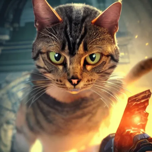 Image similar to epic shot of cat doomslayer with cat head, cinematic