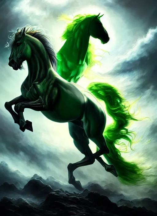 Prompt: the singular horseman of the apocalypse is riding a strong fierce ferocious rabid undead green stallion, horse is up on its hind legs, the strong male rider is death with a scithe, beautiful artwork by artgerm and rutkowski, breathtaking, dramatic, full view