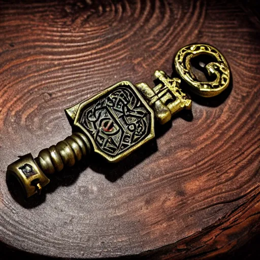 Prompt: a large ornate key with gems and engraved runes, on a rough wooden dungeon table, very dark, d & d, underexposed macro photo