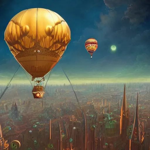 Image similar to a stunning fantasy scene of a steampunk hot - air balloon flying over an art deco city with a clock - tower | highly detailed | very intricate | disney pixar | steampunk | dramatic romantic epic breathtaking whimsical magical | bokeh moon stars | professional cinematic lighting | artdeco | painted by beeple and rhads and donato giancola | bold color palette | featured on artstation