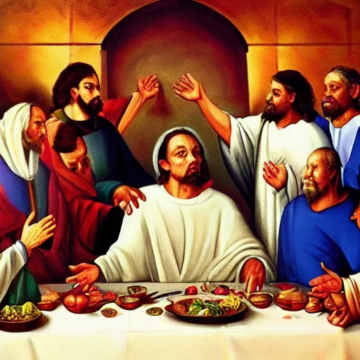 Image similar to viktor orban at the last supper, oil painting
