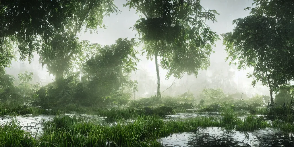 Image similar to lush green vegetation covered in spiderweb, ground - level view, puddles of water, stunning volumetric lighting, sunset, trending on artstation, 8 k, photorealistic, hyper detailed, unreal engine 5, cinematic, epic lighting, cryengine, octane render, cyberpunk, red and orange glow, dark, gloomy