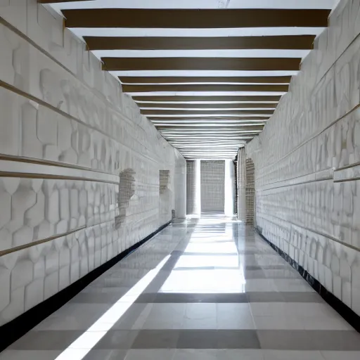 Prompt: photo of a vast interior space of irregular rooms and corridors, bizarre architecture. ceramic white tiles on all the walls.