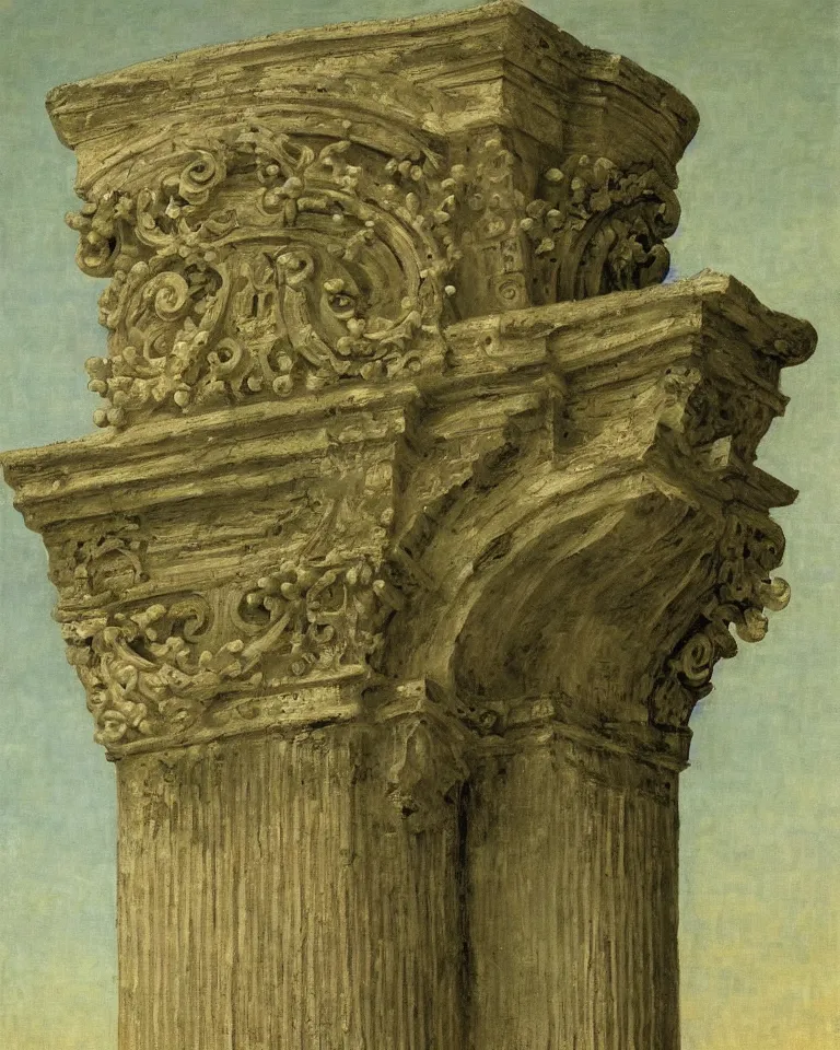 Image similar to achingly beautiful painting of intricate ancient roman corinthian capital on olive drab background by rene magritte, monet, and turner. giovanni battista piranesi.