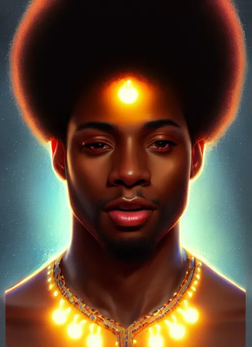 Image similar to photographic portrait of an handsome young black man with an afro, glowing lights intricate, elegant, highly detailed, digital painting, artstation, concept art, smooth, sharp focus, illustration, art by artgerm and greg rutkowski