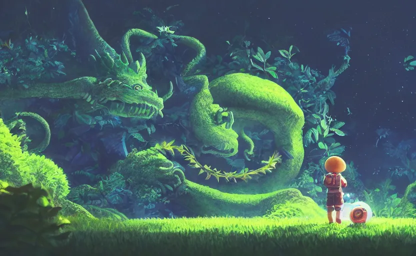 Image similar to a still of a cute adorable tiny astronaut, on a planet of lush foliage, with an enormous kaiju dragon surrounding, magical forest, sharp focus, neon backlit, highly detailed, disney pixar studio ghibli makoto shinkai, digital painting, matte, octane render, global illumination, iridescent, anime, 8 k concept art