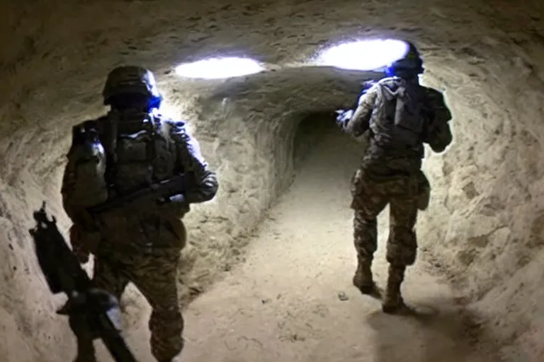 Image similar to gopro footage of a battle between human soldiers and grey aliens with guns in a dark underground tunnel