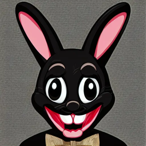 Image similar to A extremely highly detailed majestic hi-res beautiful, highly detailed head and shoulders portrait of a scary terrifying, horrifying, creepy black cartoon rabbit with scary big eyes, earing a shirt laughing, hey buddy, let's be friends, in the style of Walt Disney animation