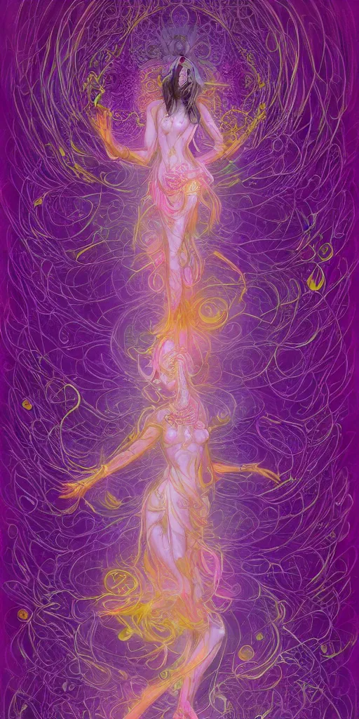 Prompt: 'lotus goddes, full body, purple, pink, yellow, concept character, water drops, lotus flower, beautiful, stunning, pink mist, radiating power, energy, god rays, luminescence, fractal, style of james jean, akira, satoshi con'