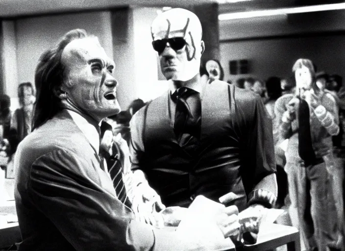 Prompt: arnold schwarzenegger in a still from the movie Scanners (1981)