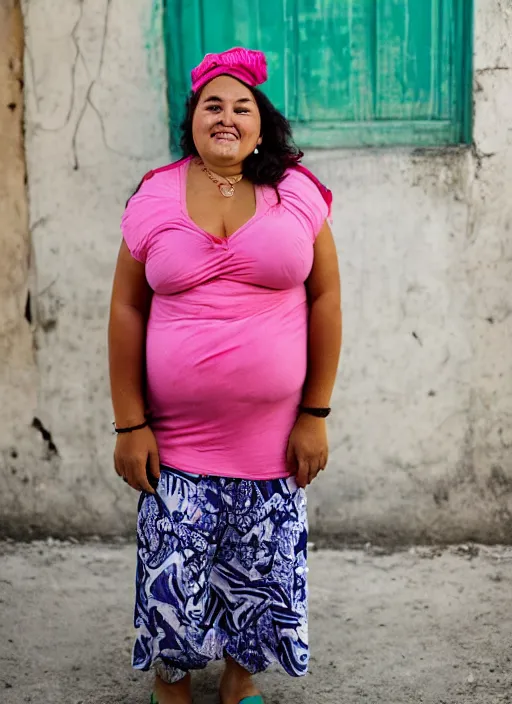 Prompt: Mid-shot portrait of a beautiful, chubby, 30-year-old woman from Cuba, smiling, candid street portrait in the style of Martin Schoeller, award winning, Sony a7R