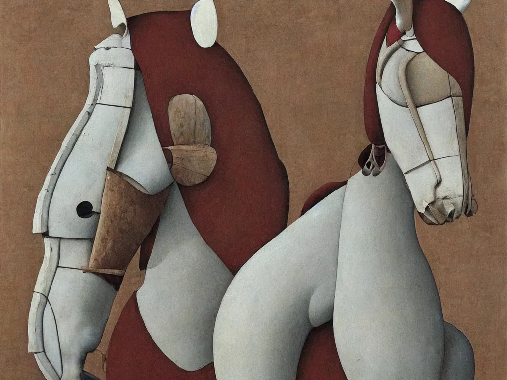 Prompt: Horse with African Guro mask. Giant conch shell. Painting by Alex Colville, Piero della Francesca