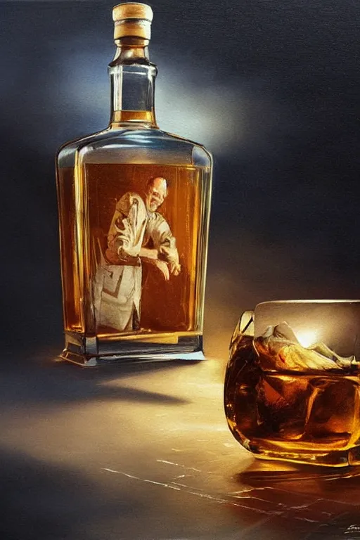 Image similar to imagine a ship in a bottle but instead of a ship a young jack nicholson is in the bottle, jack nicholson, fancy whiskey bottle, masterpiece painting by greg rutkowski