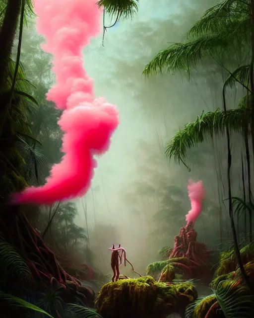 Image similar to a hyper - detailed 3 d render like an oil painting of tribe member portrait in a tropical forest with pink smoke!!!!! surreal concept art, lifelike, photorealistic, digital painting, aesthetic, smooth, sharp focus, artstation hd, by greg rutkowski, bruce pennington, valentina remenar, rhads, asher duran,