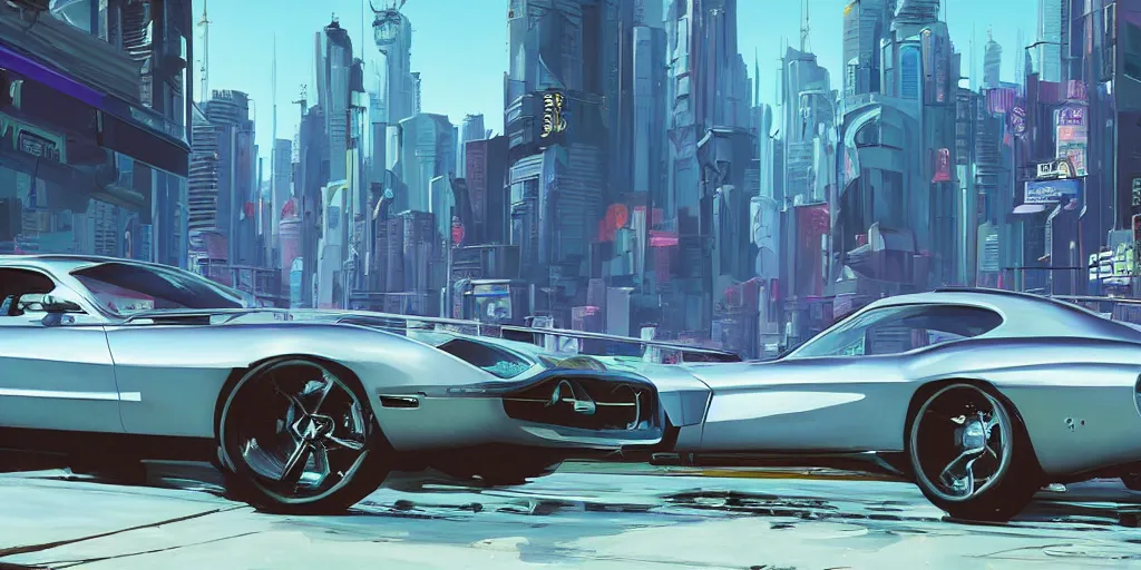 Image similar to art style by Ben Aronson and Edward Hopper and Syd Mead, wide shot view of the Cyberpunk 2077, on ground level. full view of a silver car designed by Henrik Fisker, Bruce Kaiserm and Jon Sibal.