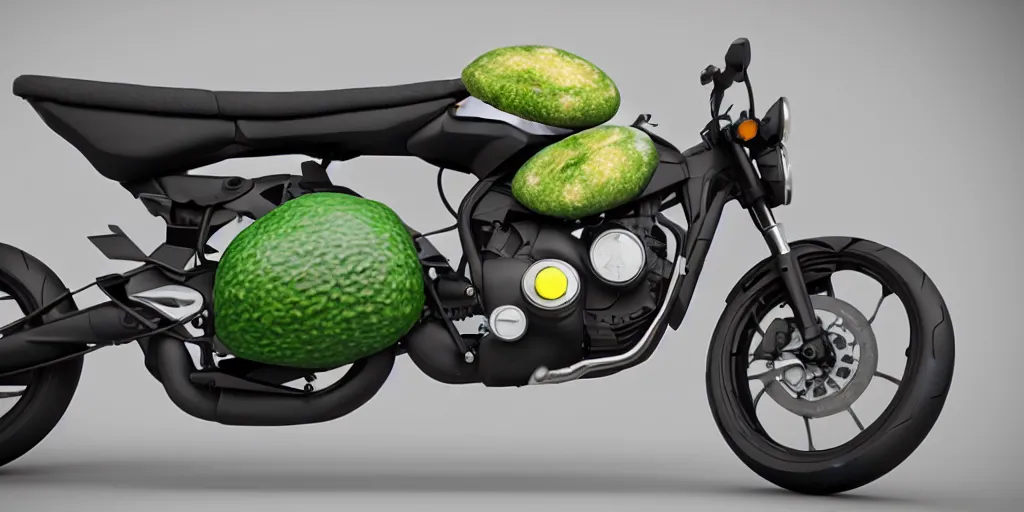 Prompt: a motorbike in the shape an avocado!, vehicle product photo!!, 8k!!,amazing quality!!! Unreal engine 5!!! Studio lighting!!! Cinema 4D!! Parking garage lighting! Real life picture!! Creativity!!!!