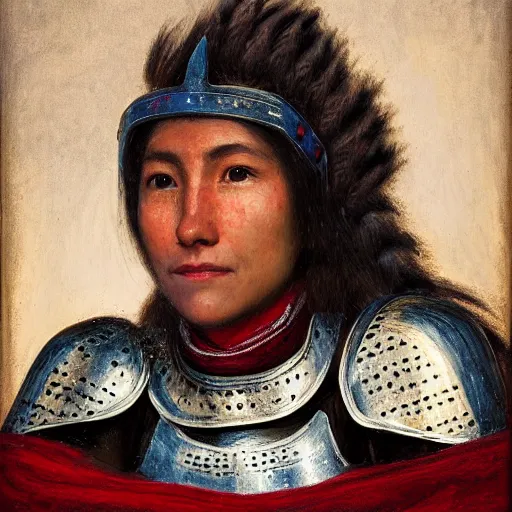 Prompt: head and shoulders portrait of a female knight, quechua!, cuirass, tonalist, symbolist, realistic, baroque, detailed, modeled lighting, haggard, tired, vignetting, indigo and venetian red, angular, smiling, eagle