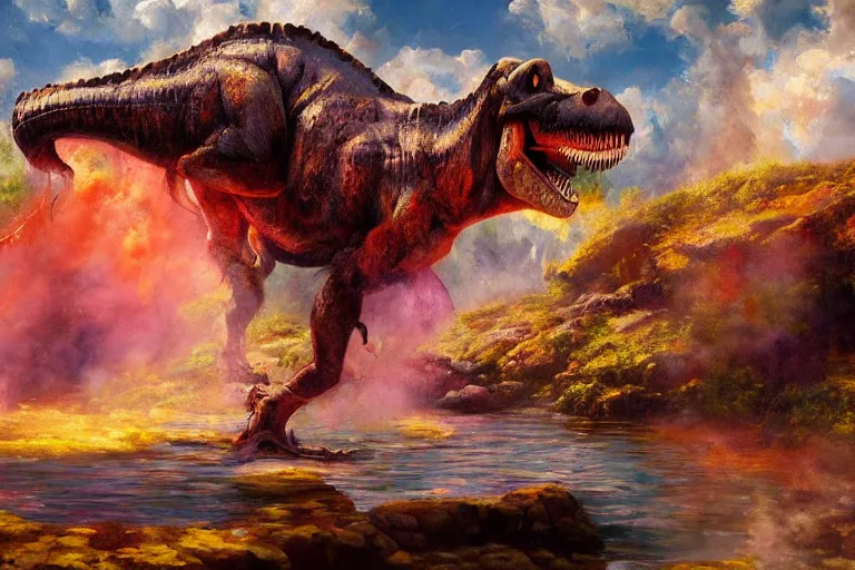 Image similar to highly detailed oil painting of a tyrannosaurus rex in a steaming colorful hotspring, featured on artstation