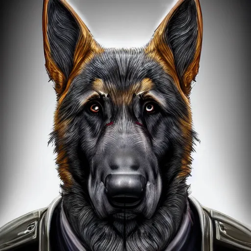 Image similar to a humanoid german shepherd beast - man, wearing suit, highly detailed portrait, digital painting, artstation, concept art, smooth, sharp foccus ilustration, artstation