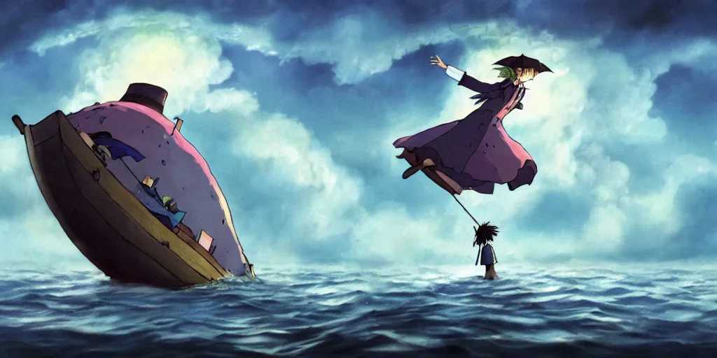 Image similar to a realistic and atmospheric cell - shaded concept art from howl's moving castle ( 2 0 0 4 ) of a multi - colored whale jumping into the air. a man with an umbrella is standing in a boat in a flooded city. it is a misty starry night. very dull muted colors, hd, 4 k, hq