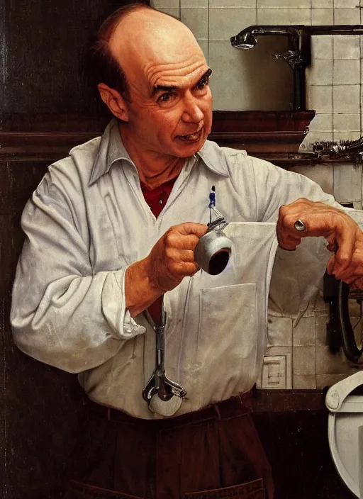 Prompt: a balding white man,, slim, wearing plumber uniform, norman rockwell painting, fixing sink