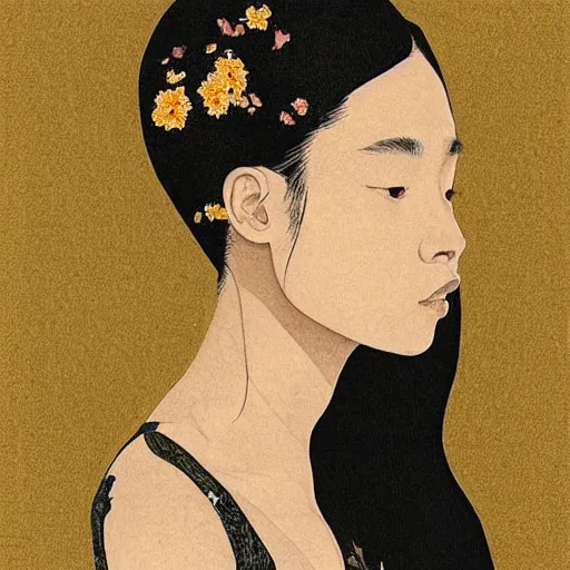 Image similar to “ zoe kravitz portrait by ikenaga yasunari and ayana otake and ko rakusui, drawing, realistic, sharp focus, japanese, dreamy, nostalgia, faded, golden hues, floral clothes ”