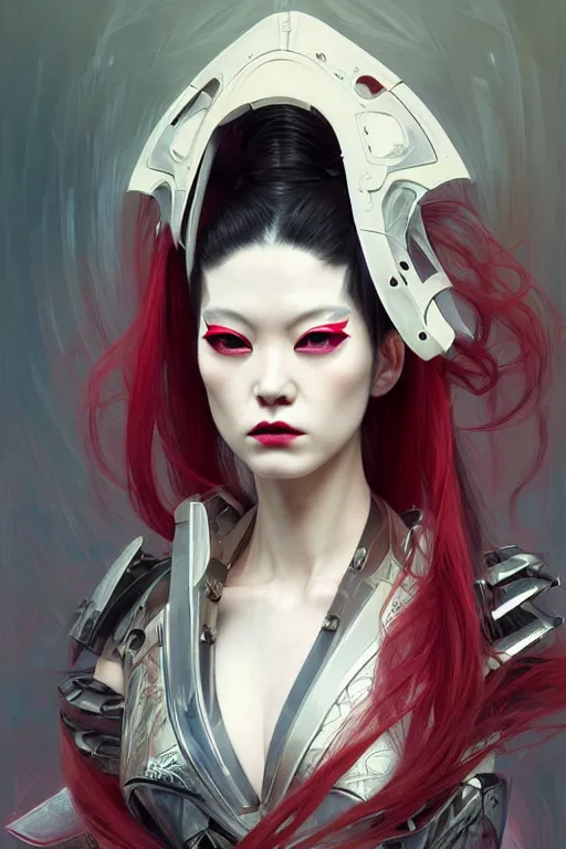 Image similar to > professional dynamtic portrait of female an agile geisha cyberpunk in a dynamic pose , armor elements , long red hair, beautiful bone structure, symmetrical facial features, intricate, elegant, digital painting, concept art, smooth, sharp focus, illustration, by Ruan Jia and Mandy Jurgens , and mucha, and Artgerm and William-Adolphe Bouguerea