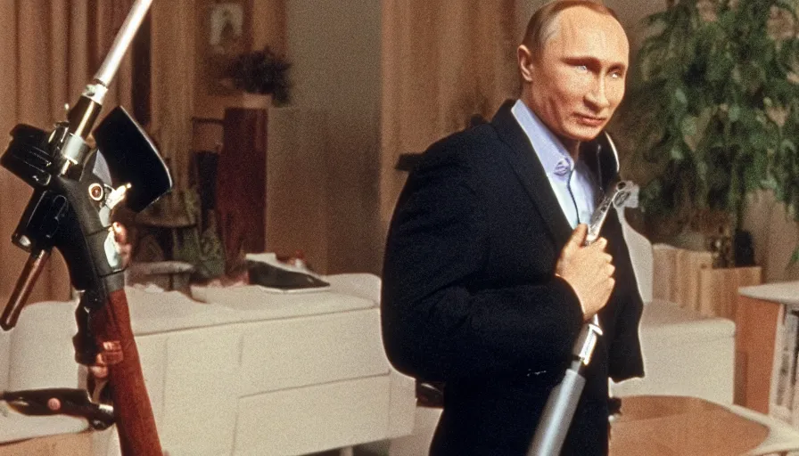 Image similar to 7 0 s movie still of putin in teleshopping show, proudly holding a bazooka. cinestill 8 0 0 t _ 3 5 mm eastmancolor, heavy grain, high quality, high detail