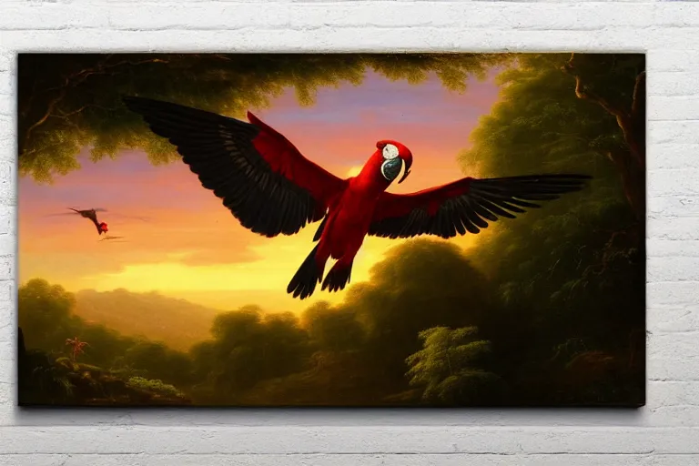 Prompt: gorgeous scarlet macaws flying at sunset in the distance through the forest, jungle mountains in the background, highly detailed, heavenly lighting, trending on art station, very detailed birds, painting by thomas cole