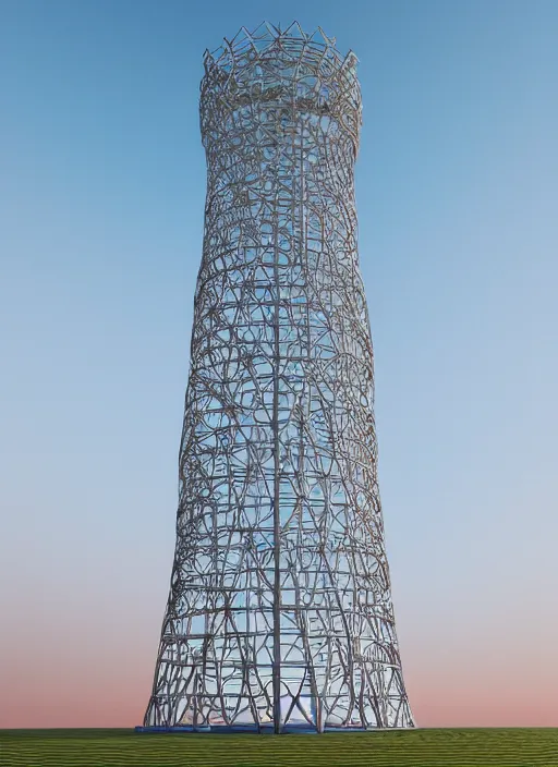 Image similar to highly detailed realistic architecture 3 d render of a stele shukhov tower with rouble inside standing in a city park, archdaily, made in unreal engine 4 octane render