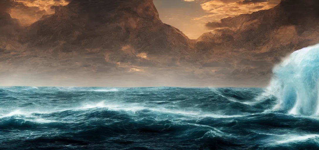Image similar to a very high resolution image from a scene with moses splitting the two seas apart. beautiful scenery. photorealistic, photography, directed by tod howard