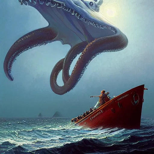 Image similar to an enormous eldritch sea monster peaking it's gigantic head out of the ocean in front of a tiny lifeboat with two children. detailed. photo realistic. john charles dollman. rhads. tianhua xu.