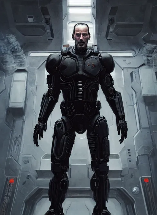 Image similar to keanu reeves as victor stone, full body concept, cyborg, borg, strogg, face of a man, terminator, flesh, quake strogg, doom demon, wolfenstein, monstrous, powerful, symmetry, symmetrical, concept art by ruan jia and greg rutkowski