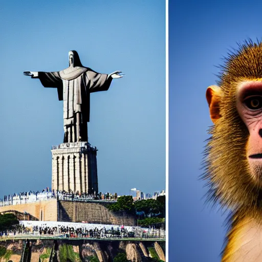 Image similar to high quality portrait of a monkey in front of Christ The Redeemer, studio photograph, photograph, realistic photo, 8k photo, 4k photo, stock photo, high resolution, cinematic shot, high detail