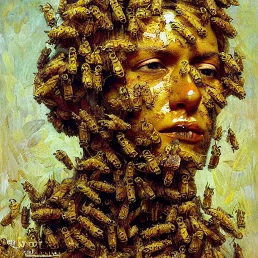 Prompt: a sculpture portrait made of bees and honey and flowers and plants, painting part by wojciech siudmak, part by ilya repin, part by max ernst, part by norman rockwell, artstation