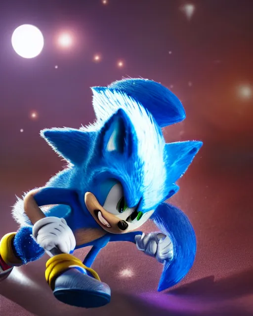 Prompt: An extremely beautiful studio photo of Sonic the Hedgehog on the Moon, bokeh, 90mm, f/1.4