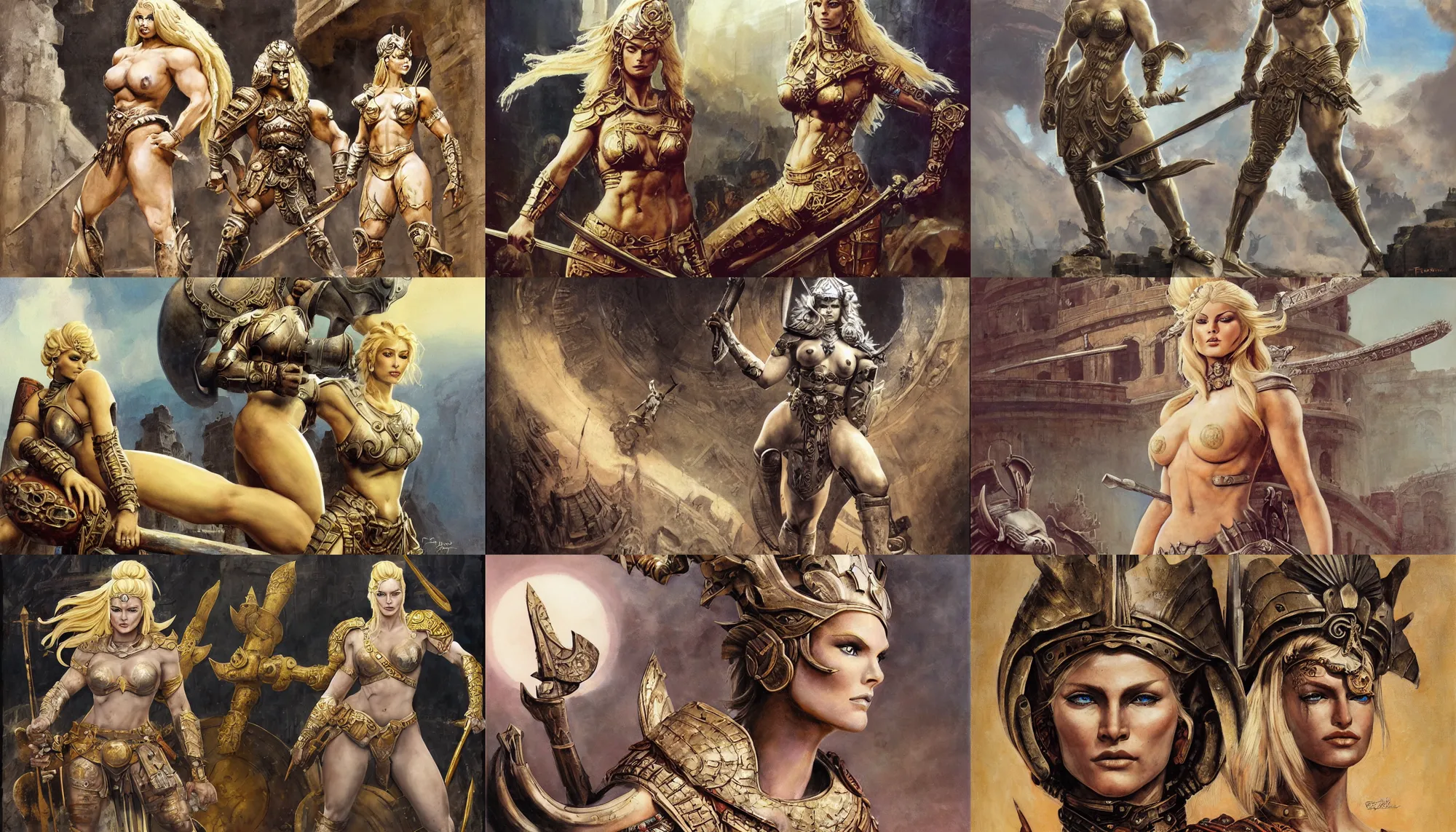 Prompt: A mixed media painting of a beautiful blonde warrior goddess in a coliseum, very aesthetic, curvy, detailed face and eyes, spartan, by Frank Frazetta, Boris Vallejo, Greg Rutkowski, Beeple, Yoko Taro, Christian MacNevin, epic fantasy character art, roman numerals, high fantasy, CGsociety, full length, exquisite detail, post-processing, masterpiece, cinematic, coliseum backdrop