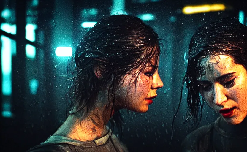 Image similar to cinestill 5 0 d candid photographic portrait by steven spielberg of two loving female androids sobbing wearing rugged black mesh techwear in treacherous waters, flooded city, medium closeup, retrofuturism cyberpunk moody emotional cinematic, pouring iridescent rain bright spotlight helicopter, 8 k, hd, high resolution, 3 5 mm, f / 3 2, ultra realistic faces, ex machina