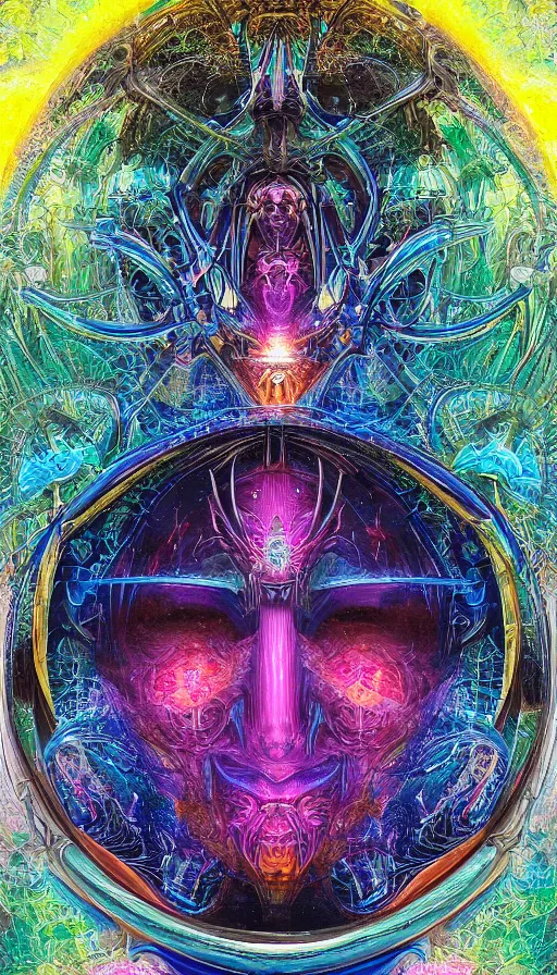 Prompt: Chromatic crystal themed painting of blissful deep forest psytrance praying shaman fantasy biomechanical human beautiful symmetrical face closeup concept, infinity glyph, mandelbulber fractal toroidal background, intricate artwork by Johnatan Wayshak, Moebius, H.R. Giger, Ayami Kojima, Android Jones, Karol Bak, Greg Hildebrandt, and Mark Brooks, Neo-Gothic, gothic, rich deep colors, art by Takato Yamamoto, masterpiece, face by Artgerm, very coherent artwork, cinematic, hyper realism, high detail chromatic ink outline, octane render, unreal engine, 8k, High contrast, golden ratio, trending on cgsociety, ultra high quality model, production quality cinema model