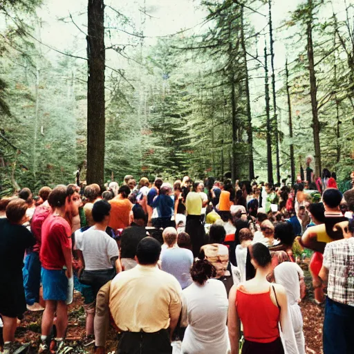 Image similar to a crowd of diverse people worshipping a slice of pizza on an altar during a solar eclipse in a clearing of a forest, 35mm