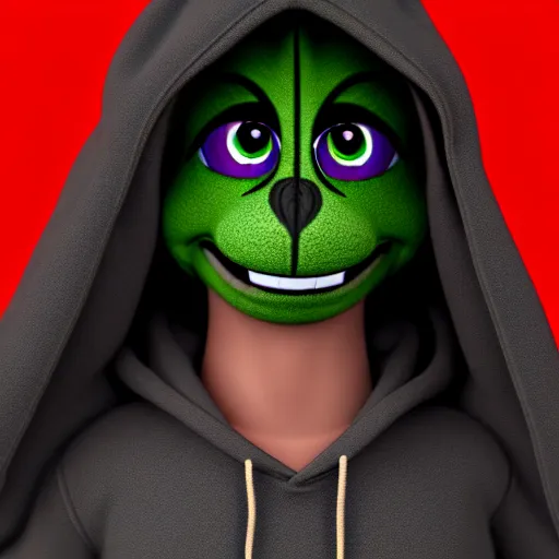 Prompt: a stoner with a black hoodie on with a marijuana themed dark green pony head from my little pony, 3 d, blender 3 d, render, extremely detailed, 8 k, stoned red eyes