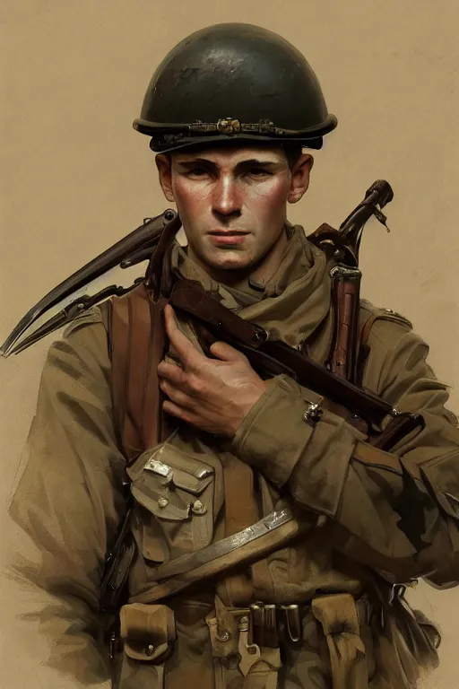 Image similar to A full portrait of a world war two soldier, intricate, elegant, highly detailed, digital painting, artstation, concept art, smooth, sharp focus, illustration, art by Krenz Cushart and Artem Demura and alphonse mucha