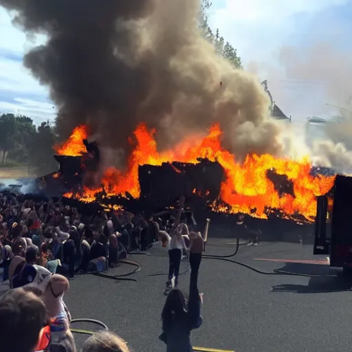 Prompt: Large dumpster fire on stage, crowd cheering