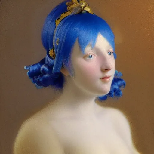 Image similar to a young woman's face, her hair is white and she wears a cobalt blue satin cloak, by ivan aivazovsky and syd mead and moebius and gaston bussiere and roger dean and pieter claesz and paul delaroche and alma tadema and aelbert cuyp and willem claesz, hyperrealistic, volumetric light, octane render