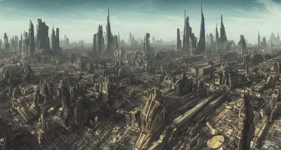 Image similar to view on futuristic city in the horizon, in style of dieselpunk, detailed, sharp, 8 k