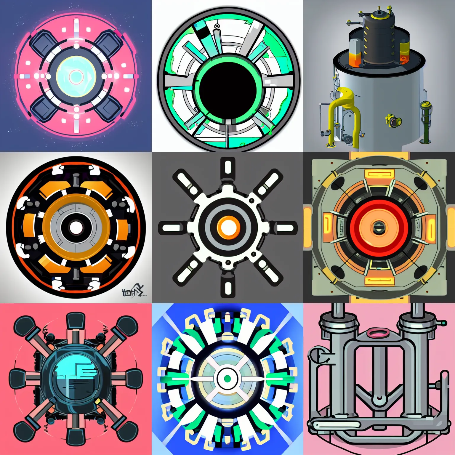 Prompt: stylized 2 d reactor, two colors, black backround. inkscape, illustrator, vector graphics, bloom, 2 d game, topdown.