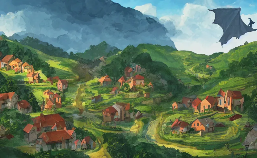 Prompt: a small village in a valley, villagers busy farming, a dragon approaching from a distance, storybook, gouache, flat, sharp edges, golden ratio, concept art, print